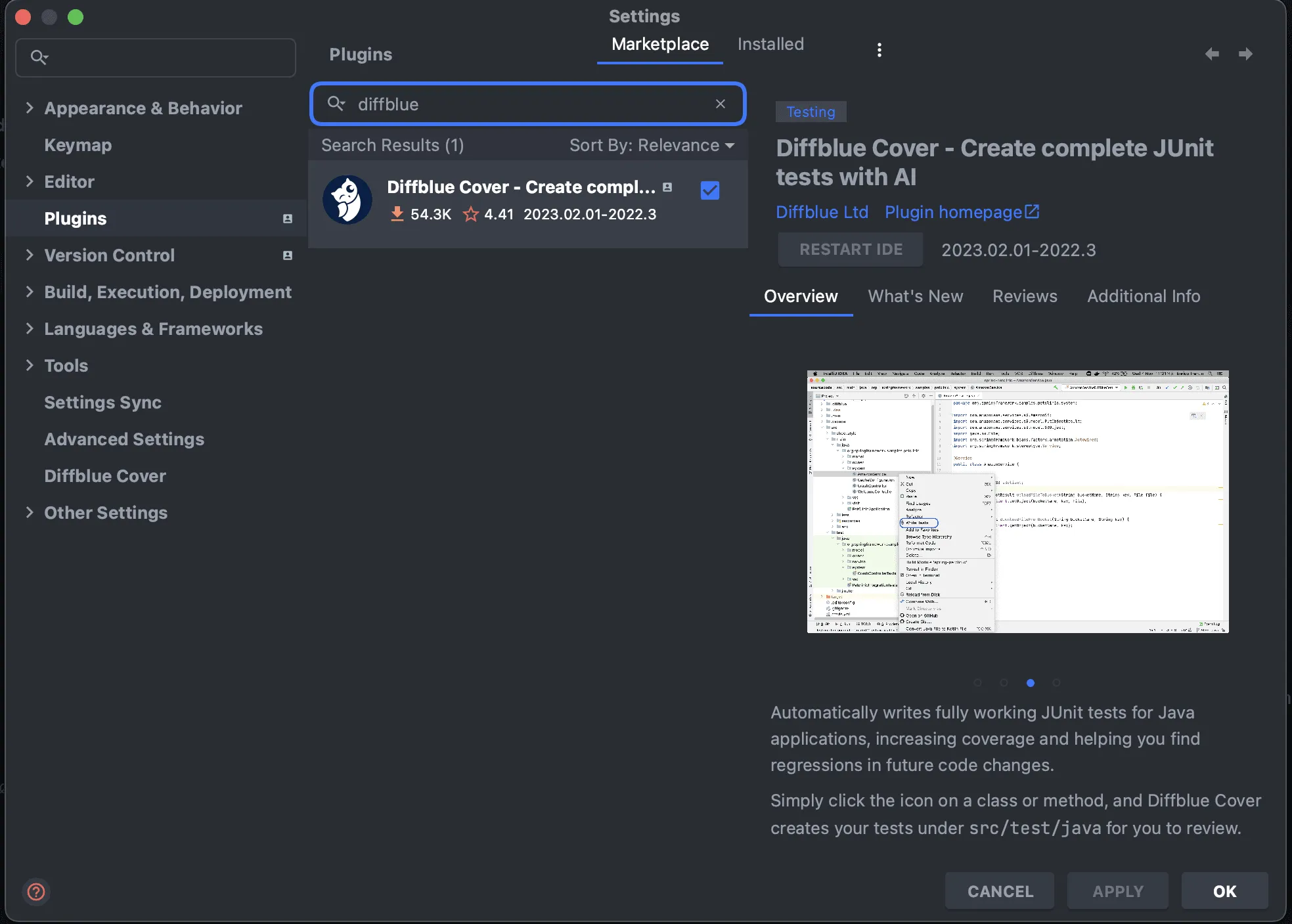 Diffblue Cover plugin listed in the IntelliJ IDEA Marketplace under Settings, Plugins